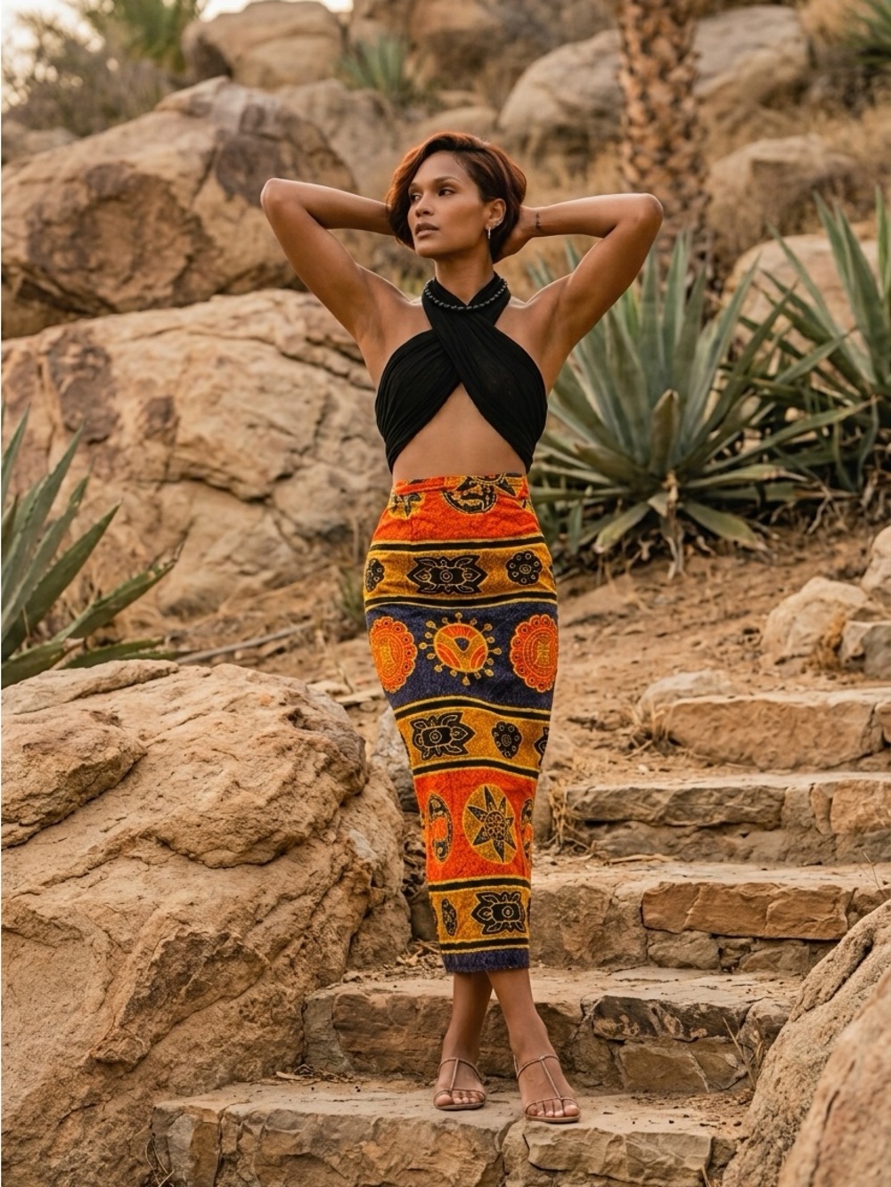 Black Halter shawl Crop Top with Orange Patterned Wrap Skirt☑️
